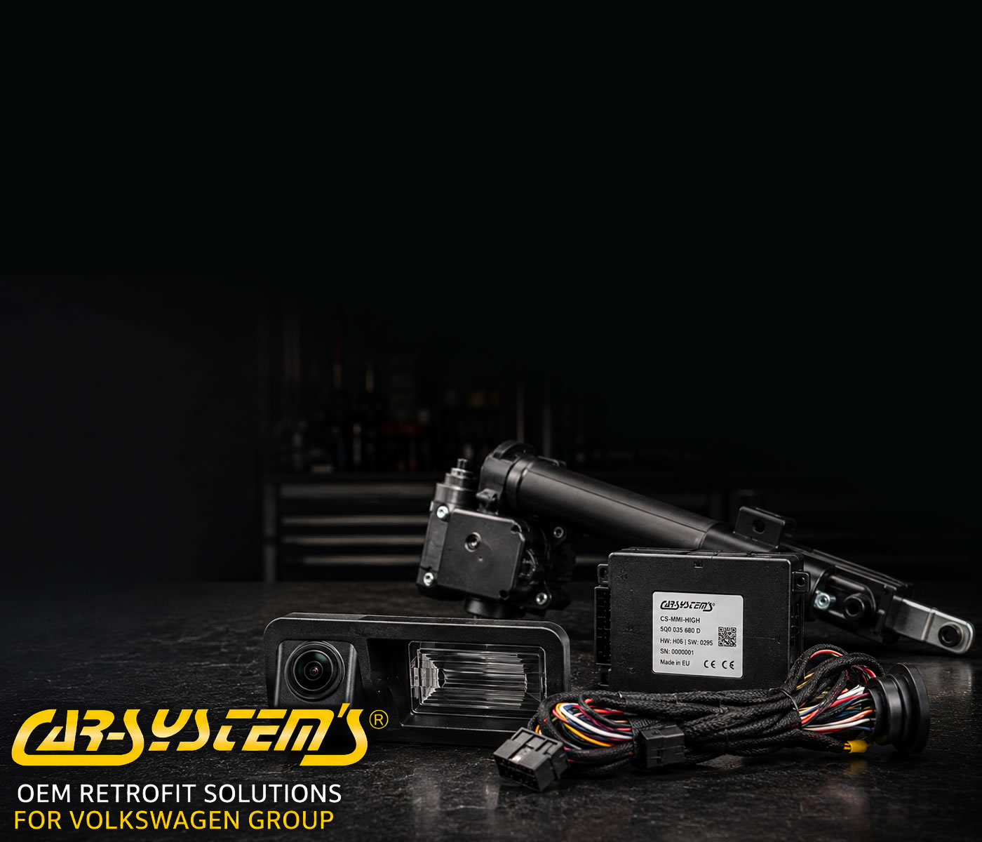 Car-Systems retrofit camera, control module, wiring harness and electric tailgate components for Volkswagen Group vehicles