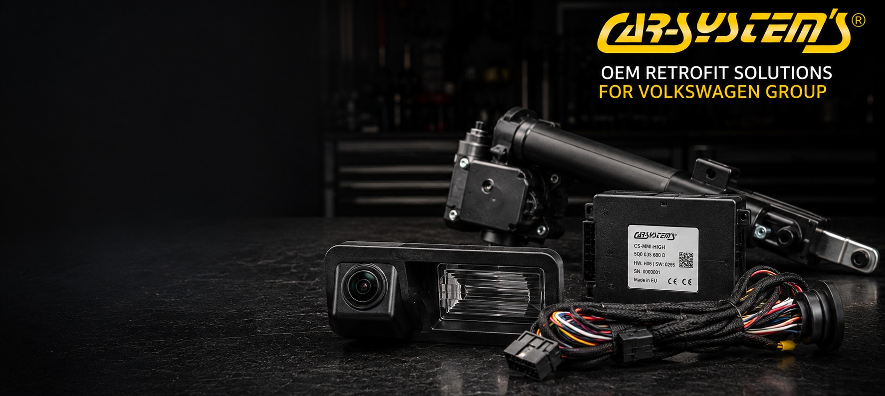 Car-Systems retrofit camera, control module, wiring harness and electric tailgate components for Volkswagen Group vehicles