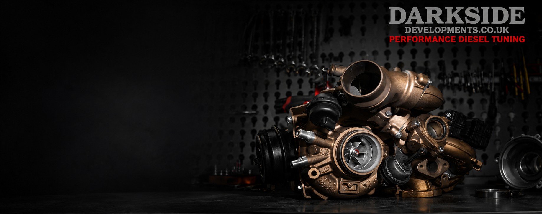 Darkside Developments diesel performance parts including turbocharger, intercooler, exhaust and boost pipework