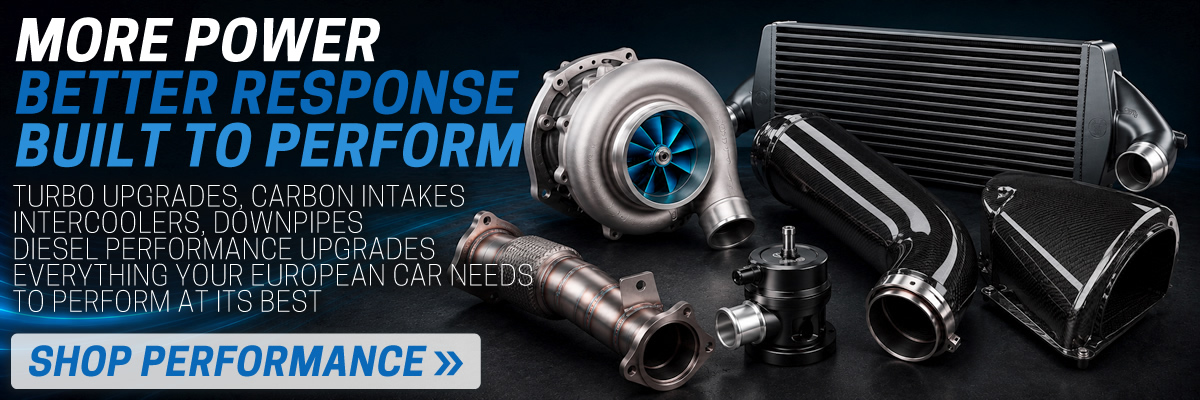 European car performance upgrades including turbocharger, carbon intake, intercooler and stainless steel downpipe