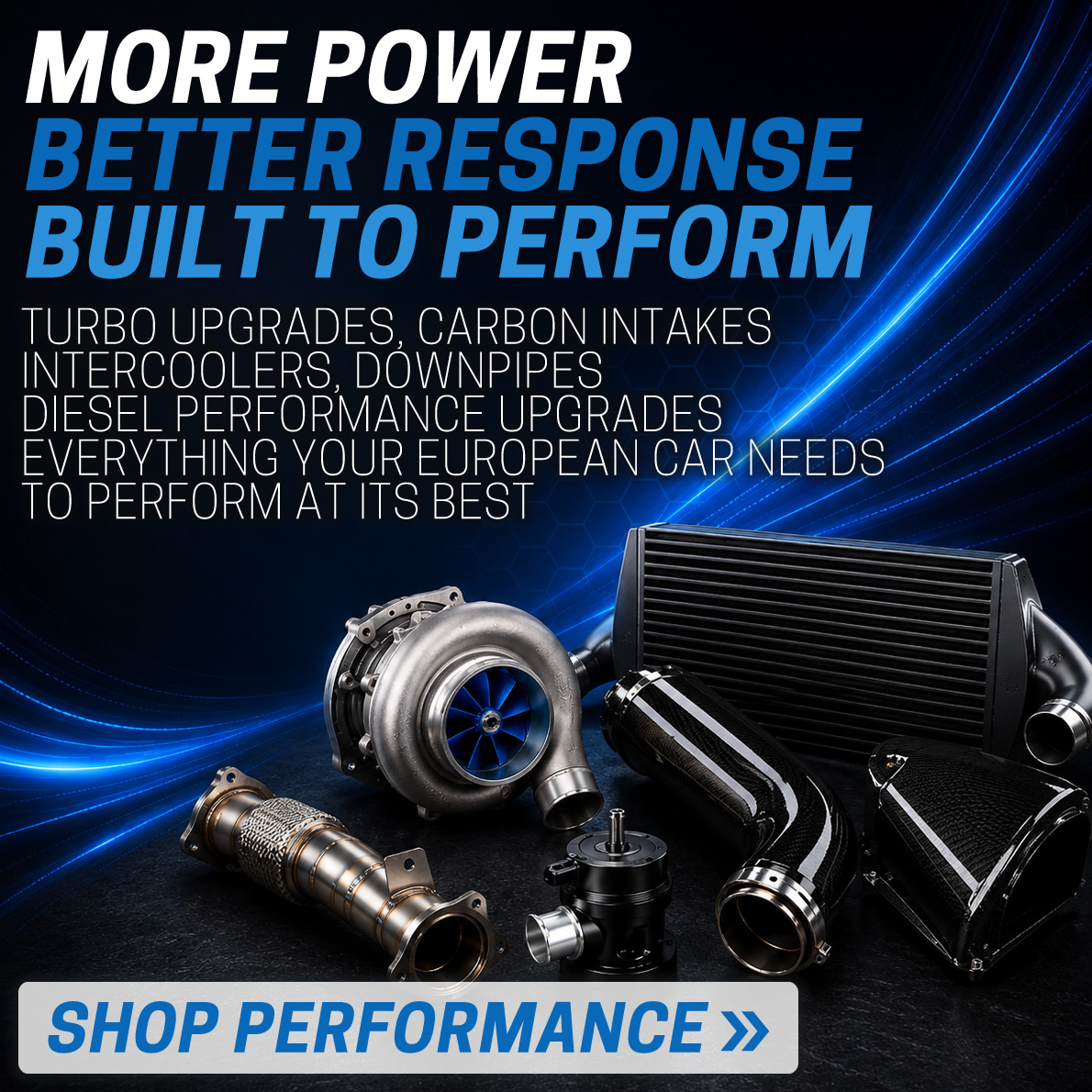 European car performance upgrades including turbocharger, carbon intake, intercooler and stainless steel downpipe
