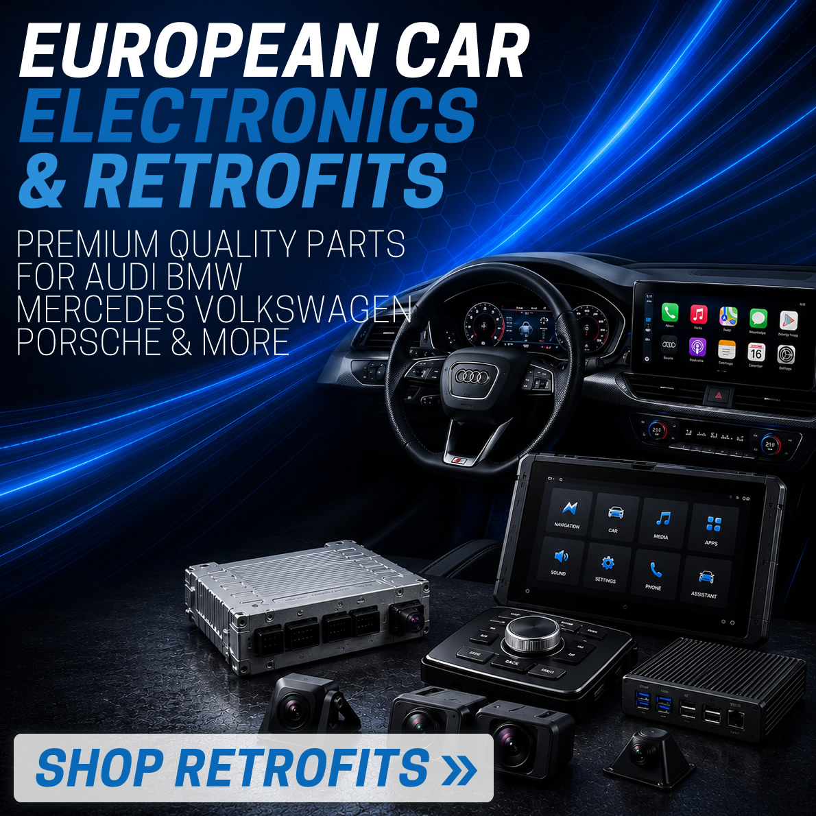 European car electronics and retrofit upgrades including infotainment, reversing cameras and control modules